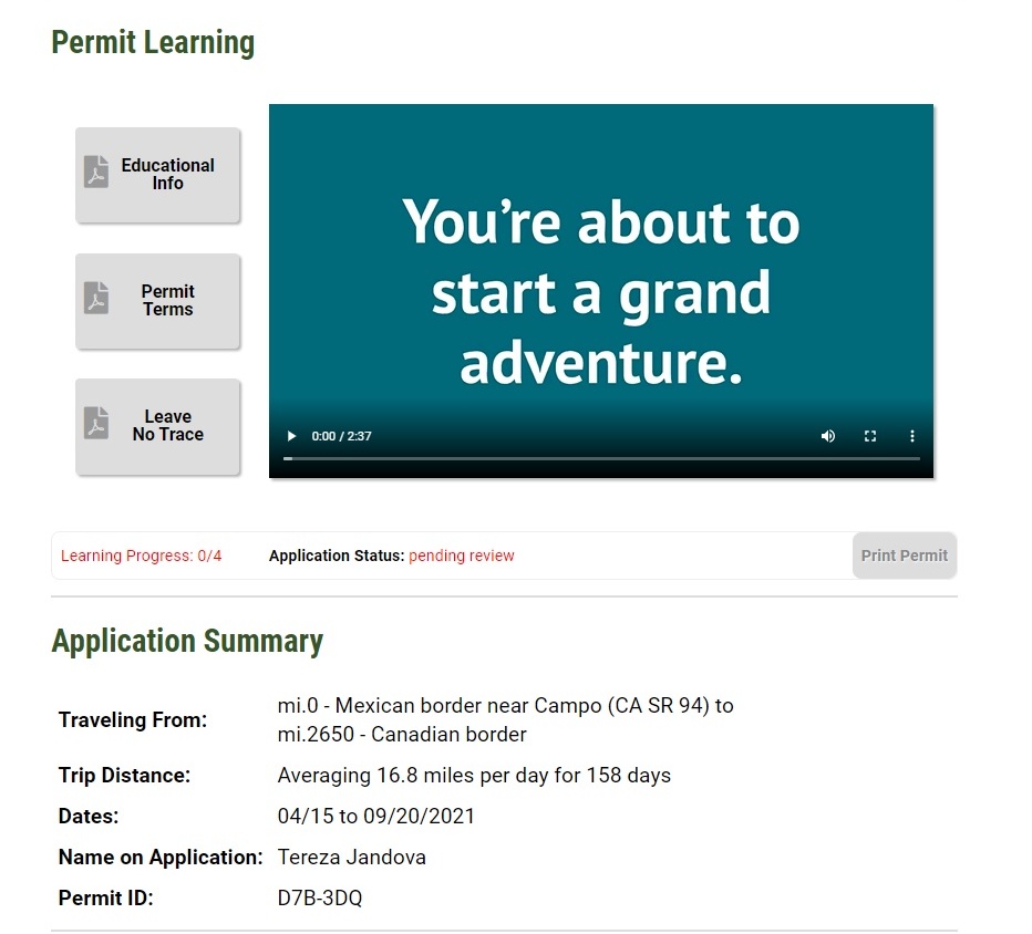 PCT long - distance permit